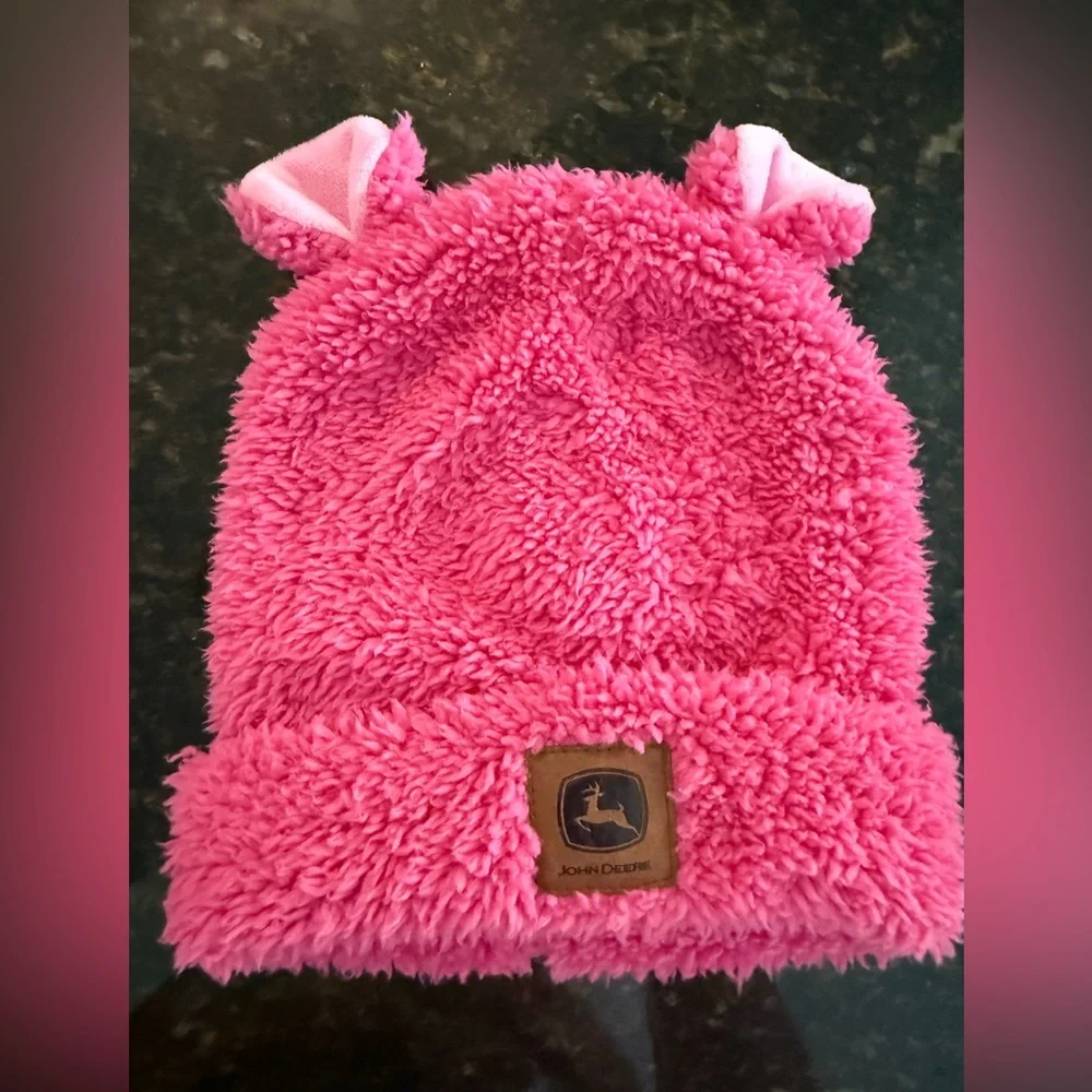 John Deere Pink Plush Toddler Winter Hat with Easr